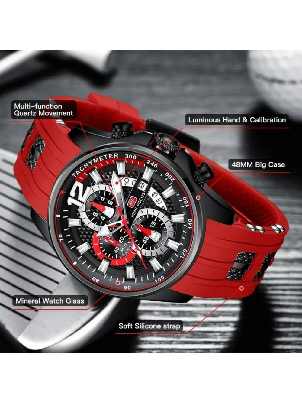 Men's Red Silicon Band Analog Quartz Chronograph Waterproof Luminous Wrist Watch